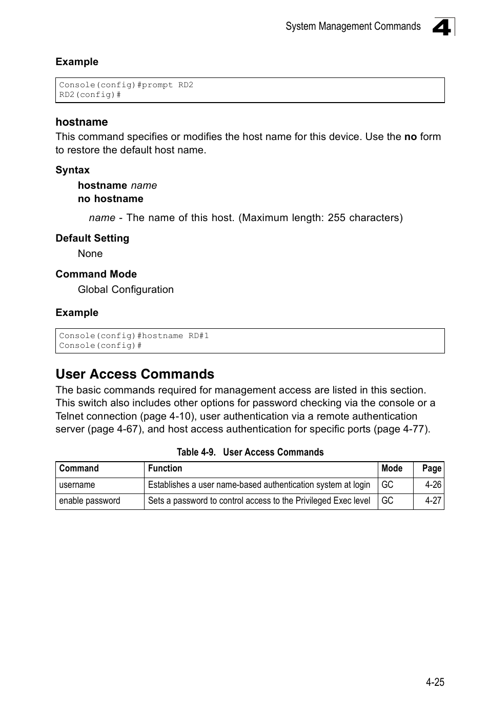 Hostname, User access commands, Hostname 4-25 | Table 4-9 | SMC Networks 16 10BASE-T User Manual | Page 201 / 384