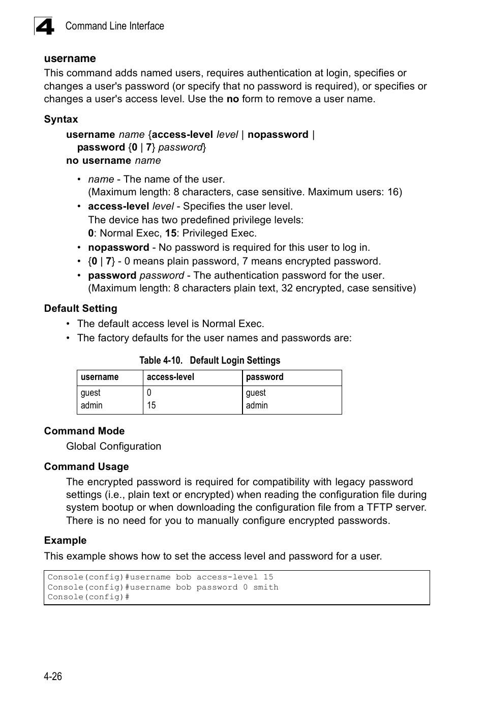 Username, Username 4-26, Table 4-10 | Default login settings, Username (4-26) | SMC Networks 16 10BASE-T User Manual | Page 202 / 384