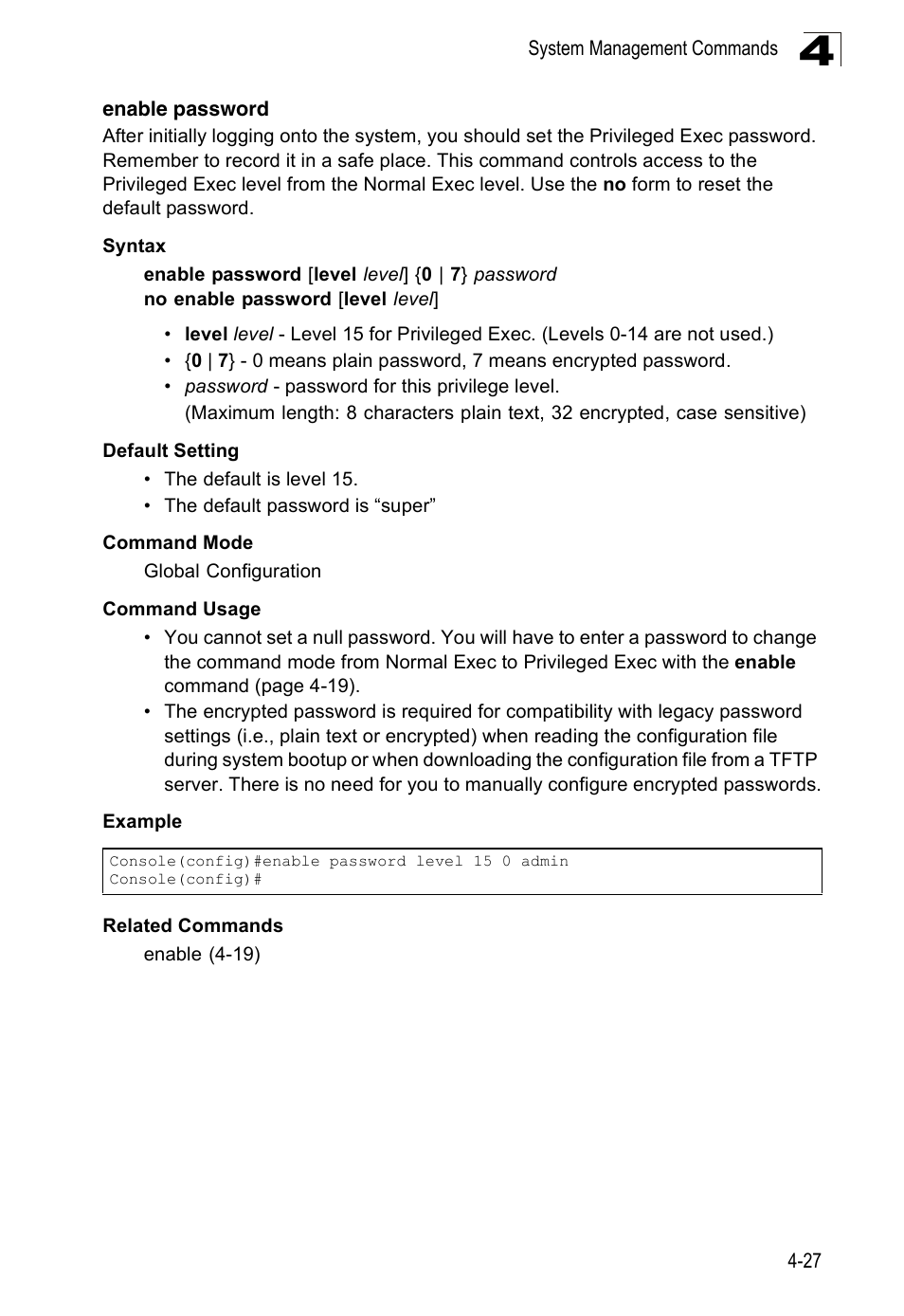 Enable password, Enable password (4-27) | SMC Networks 16 10BASE-T User Manual | Page 203 / 384