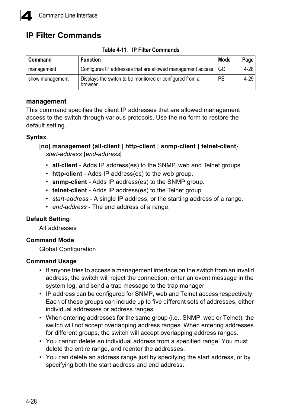 Ip filter commands, Management, Management 4-28 | Table 4-11 | SMC Networks 16 10BASE-T User Manual | Page 204 / 384