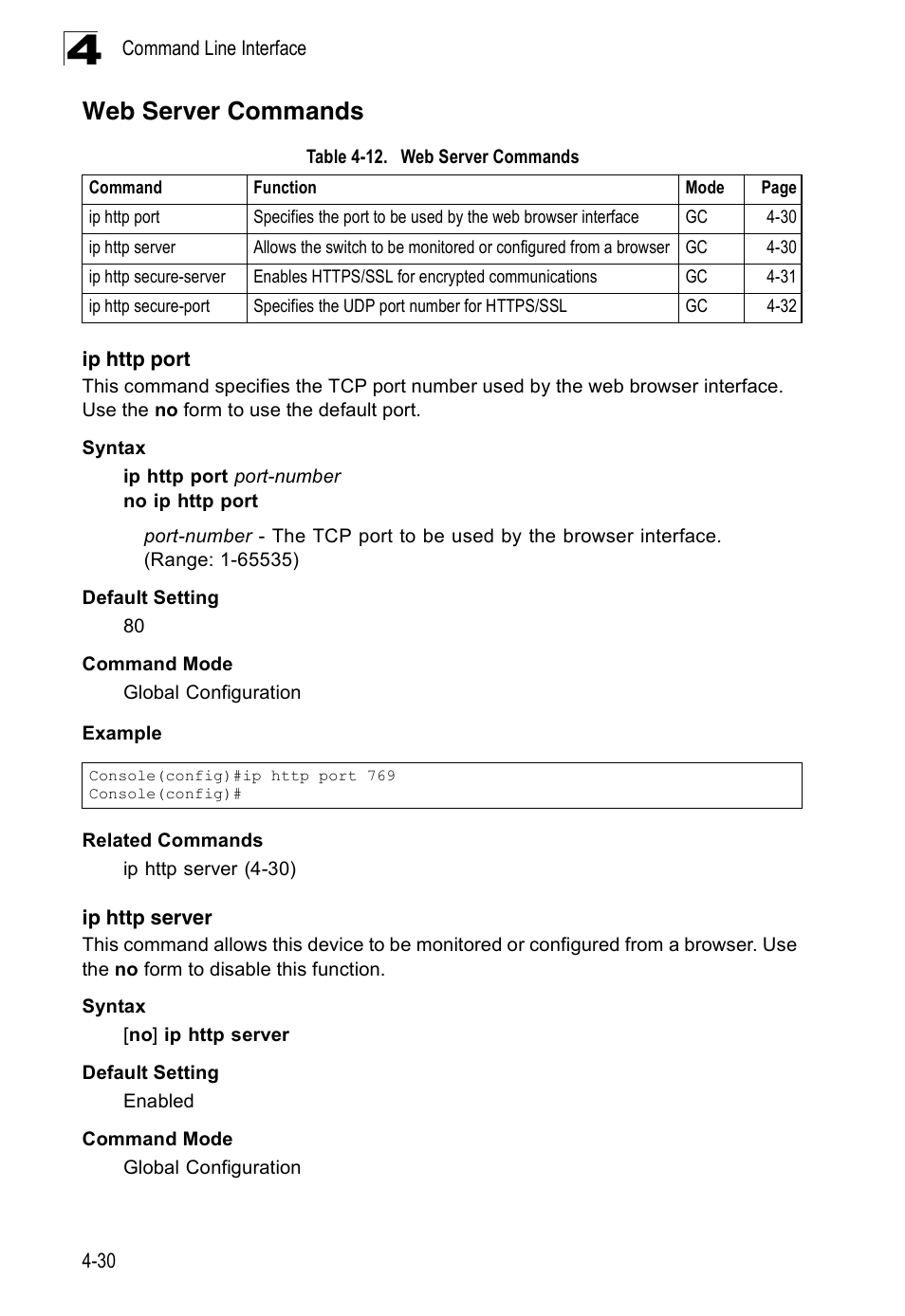 Web server commands, Ip http port, Ip http server | Table 4-12 | SMC Networks 16 10BASE-T User Manual | Page 206 / 384