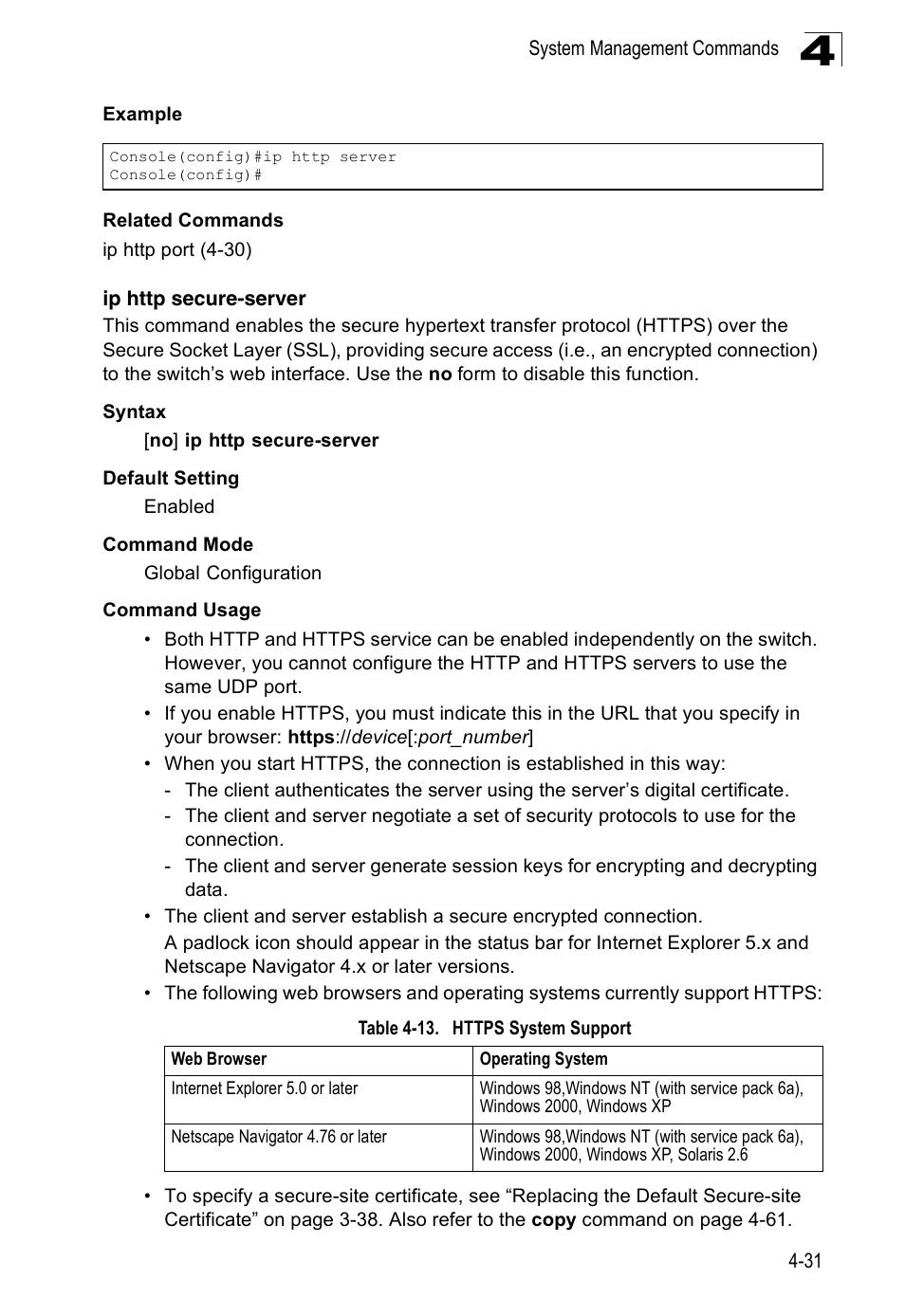 Ip http secure-server, Table 4-13, Https system support | SMC Networks 16 10BASE-T User Manual | Page 207 / 384