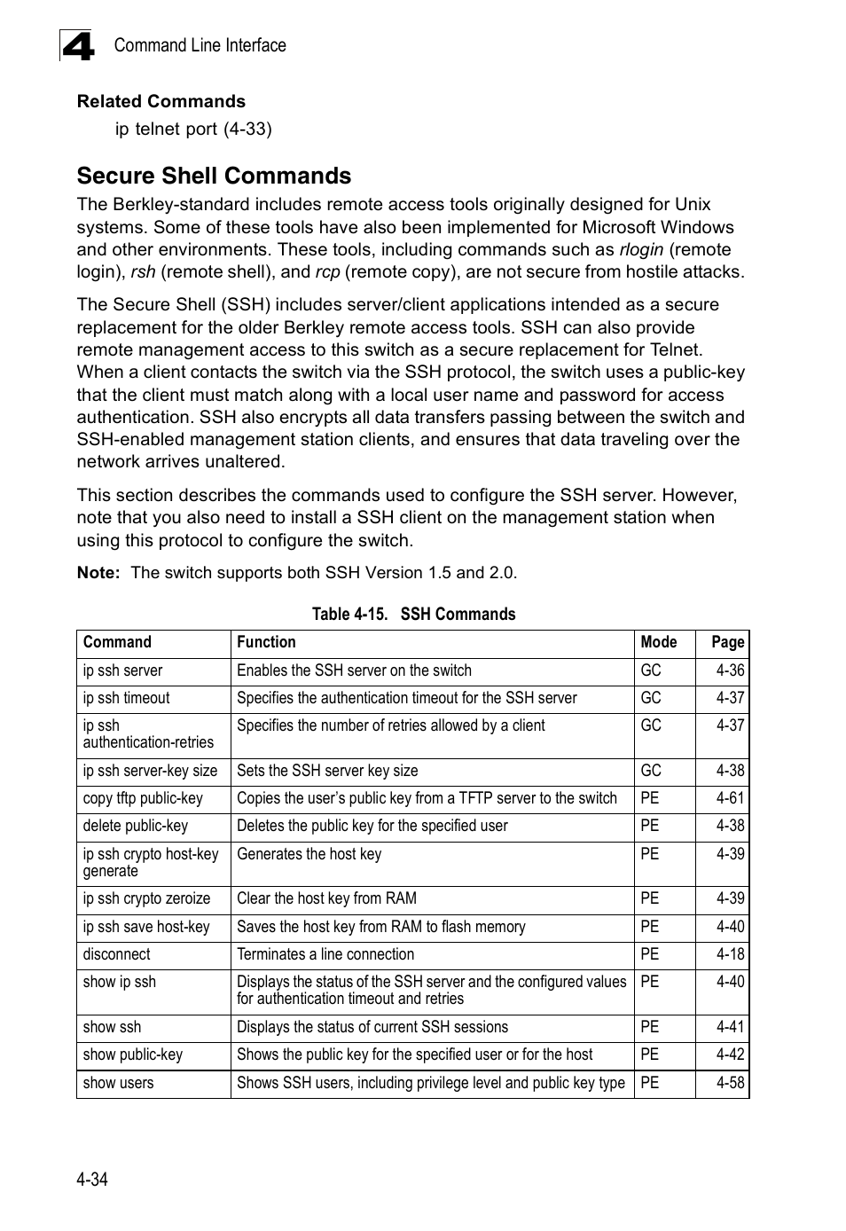 Secure shell commands, Table 4-15, Ssh commands | SMC Networks 16 10BASE-T User Manual | Page 210 / 384