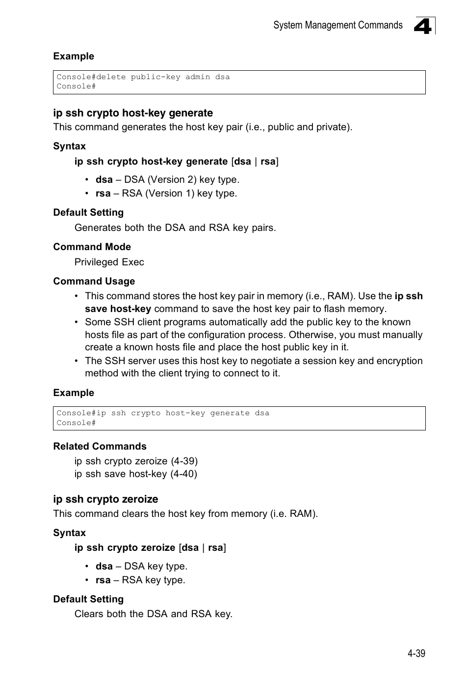 Ip ssh crypto host-key generate, Ip ssh crypto zeroize | SMC Networks 16 10BASE-T User Manual | Page 215 / 384