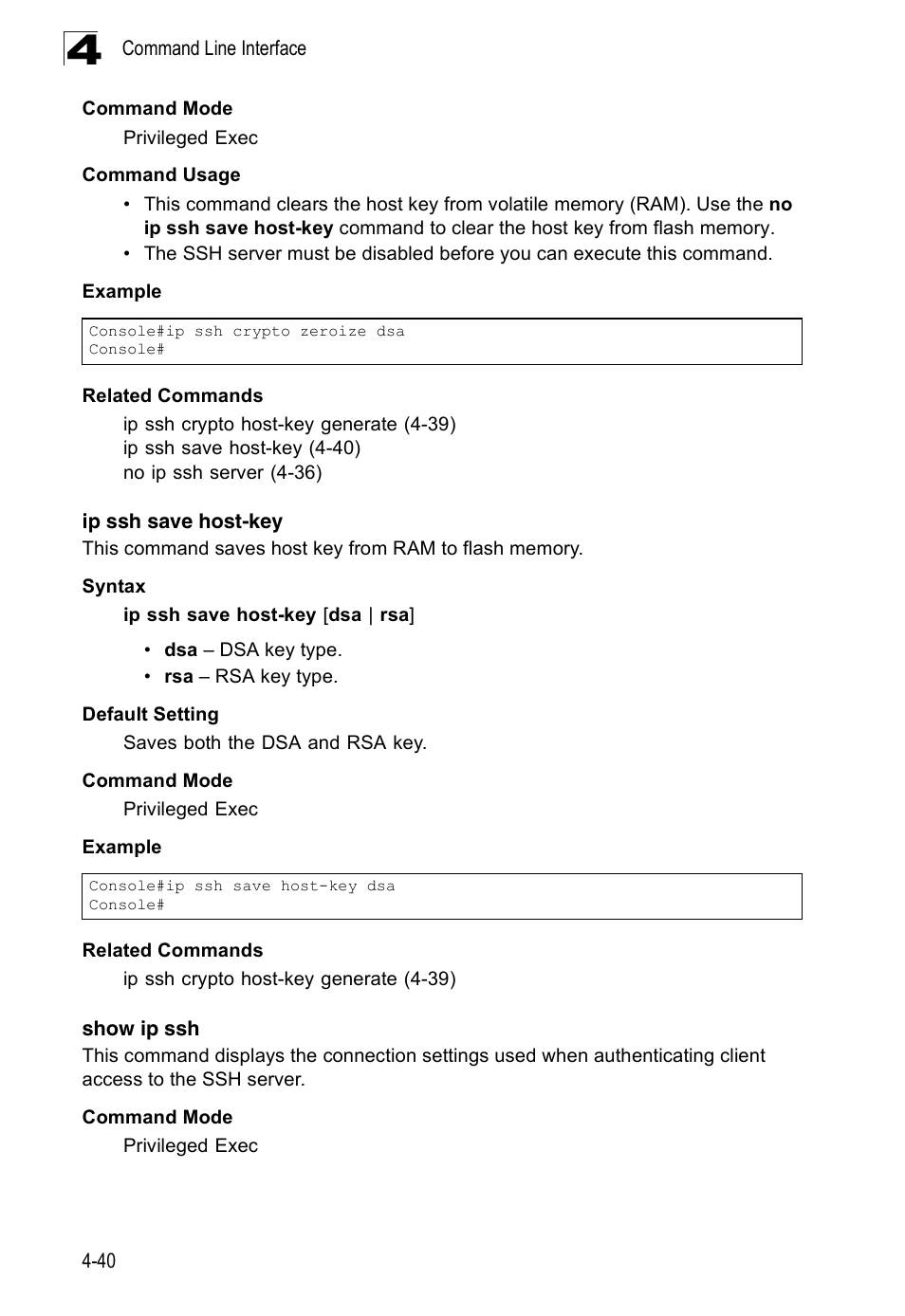 Ip ssh save host-key, Show ip ssh, Ip ssh | Save host-key c, Ip ssh save host-key (4-40) | SMC Networks 16 10BASE-T User Manual | Page 216 / 384