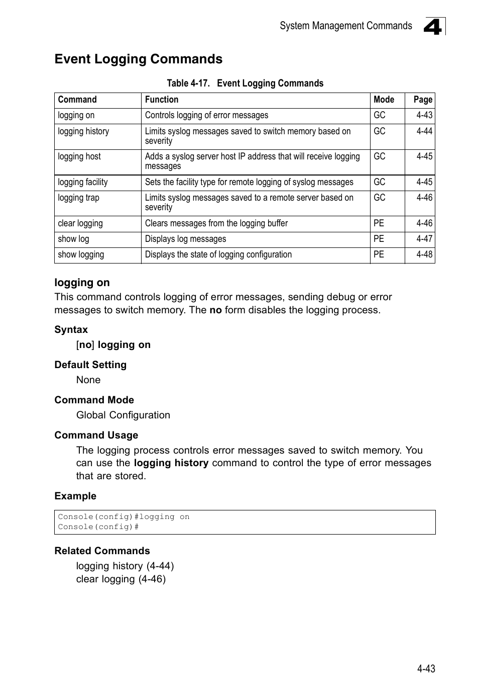 Event logging commands, Logging on, Table 4-17 | SMC Networks 16 10BASE-T User Manual | Page 219 / 384