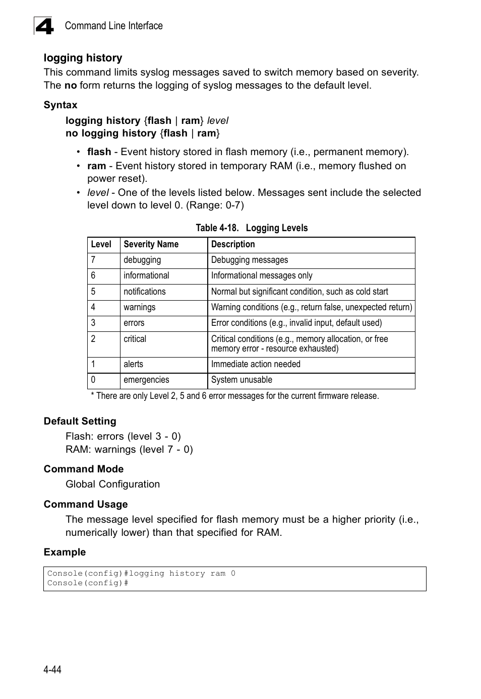 Logging history, Table 4-18, Logging levels | Logging history (4-44) | SMC Networks 16 10BASE-T User Manual | Page 220 / 384