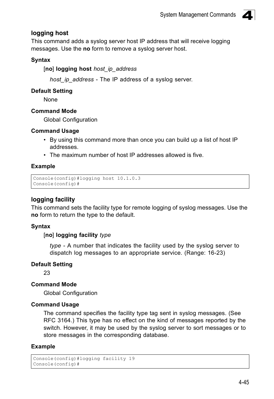 Logging host, Logging facility | SMC Networks 16 10BASE-T User Manual | Page 221 / 384