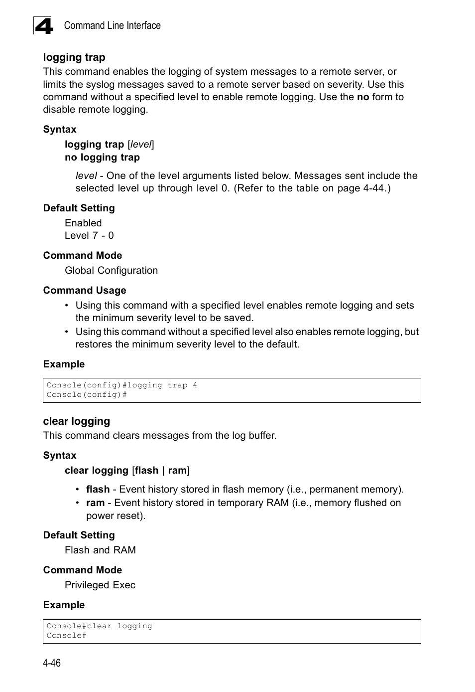 Logging trap, Clear logging, Clear logging (4-46) | SMC Networks 16 10BASE-T User Manual | Page 222 / 384