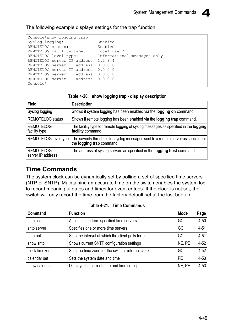 Time commands, Table 4-20, Show logging trap - display description | Table 4-21 | SMC Networks 16 10BASE-T User Manual | Page 225 / 384