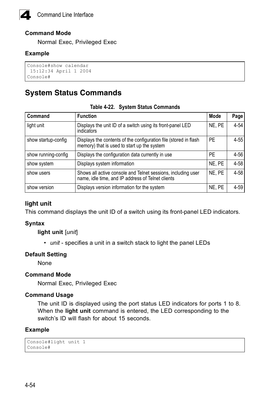 System status commands, Light unit, Table 4-22 | SMC Networks 16 10BASE-T User Manual | Page 230 / 384