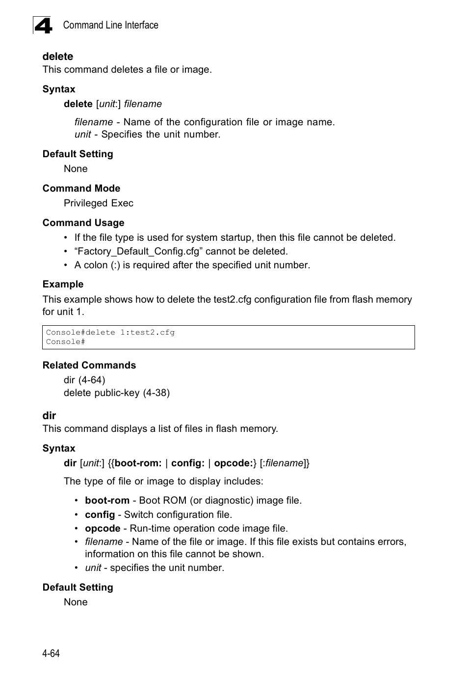 Delete, Delete 4-64 dir 4-64 | SMC Networks 16 10BASE-T User Manual | Page 240 / 384