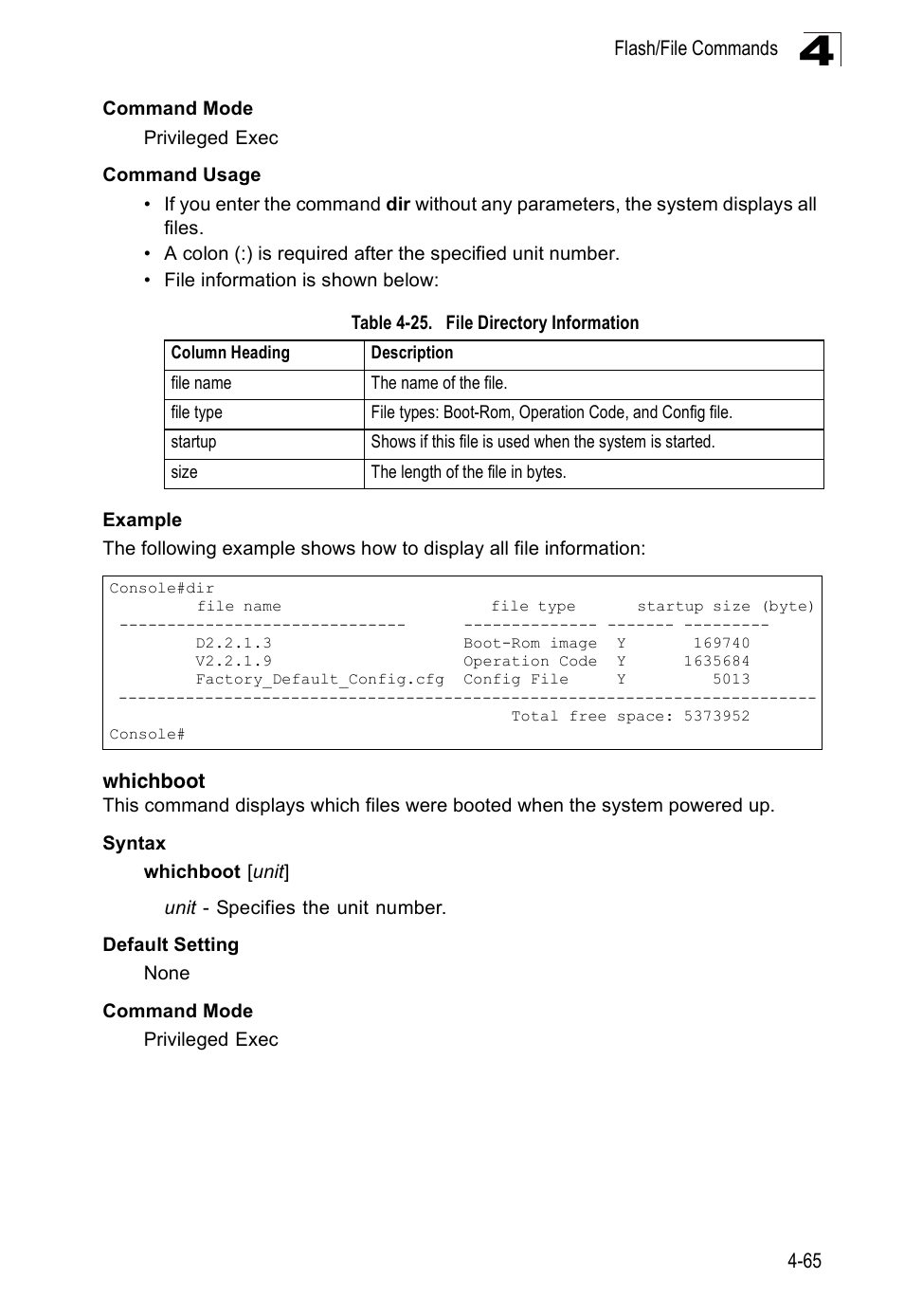 Whichboot, Whichboot 4-65, Table 4-25 | File directory information | SMC Networks 16 10BASE-T User Manual | Page 241 / 384