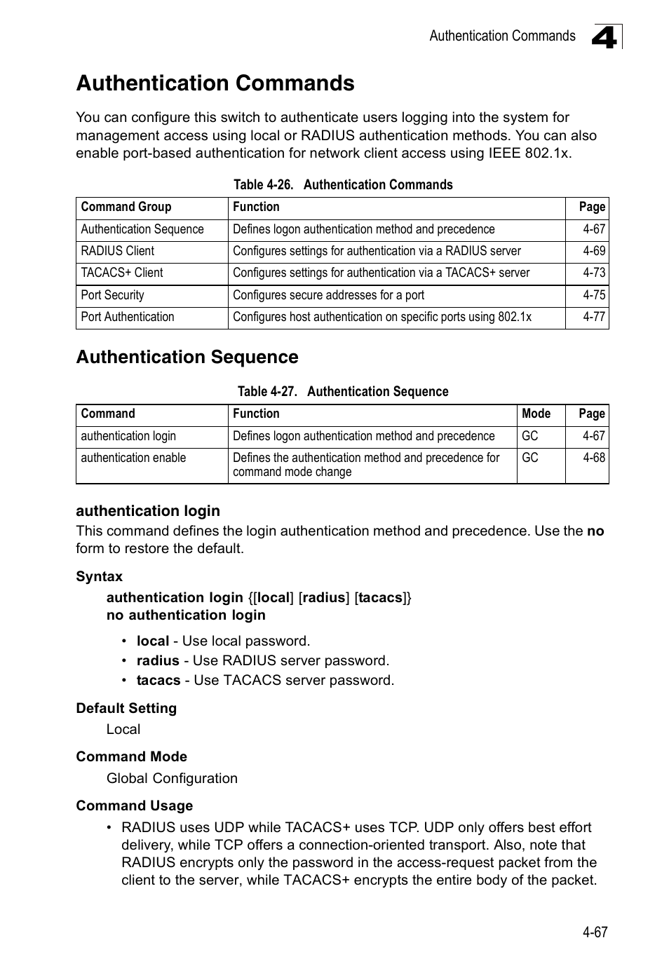 Authentication commands, Authentication sequence, Authentication login | Table 4-26, Table 4-27 | SMC Networks 16 10BASE-T User Manual | Page 243 / 384