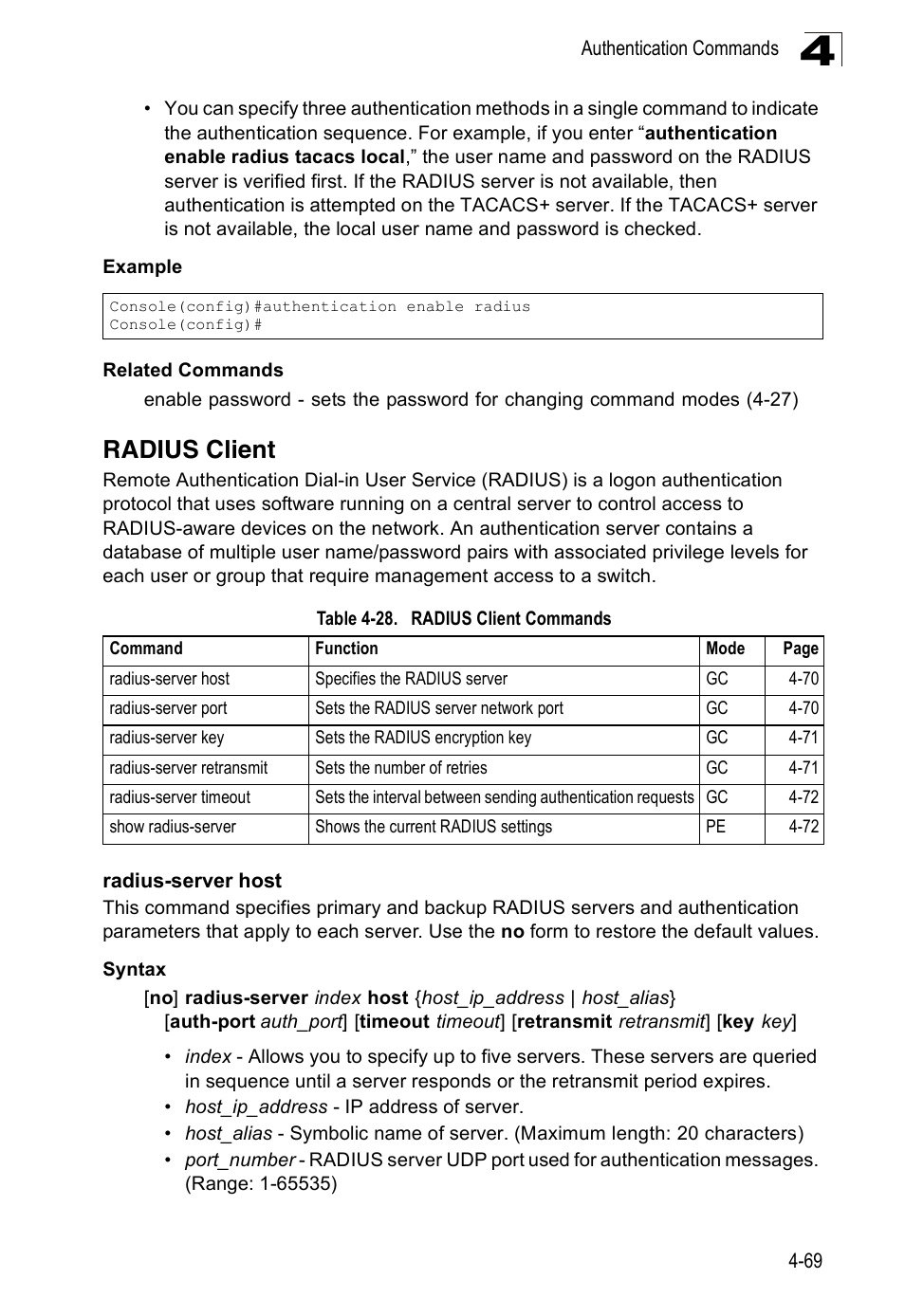 Radius client, Radius-server host, Table 4-28 | Radius client commands | SMC Networks 16 10BASE-T User Manual | Page 245 / 384