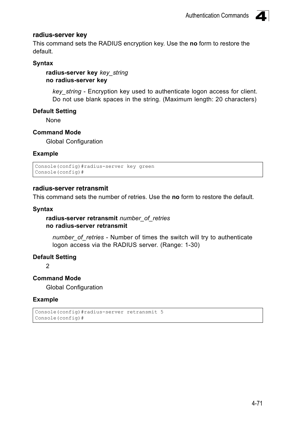 Radius-server key, Radius-server retransmit | SMC Networks 16 10BASE-T User Manual | Page 247 / 384