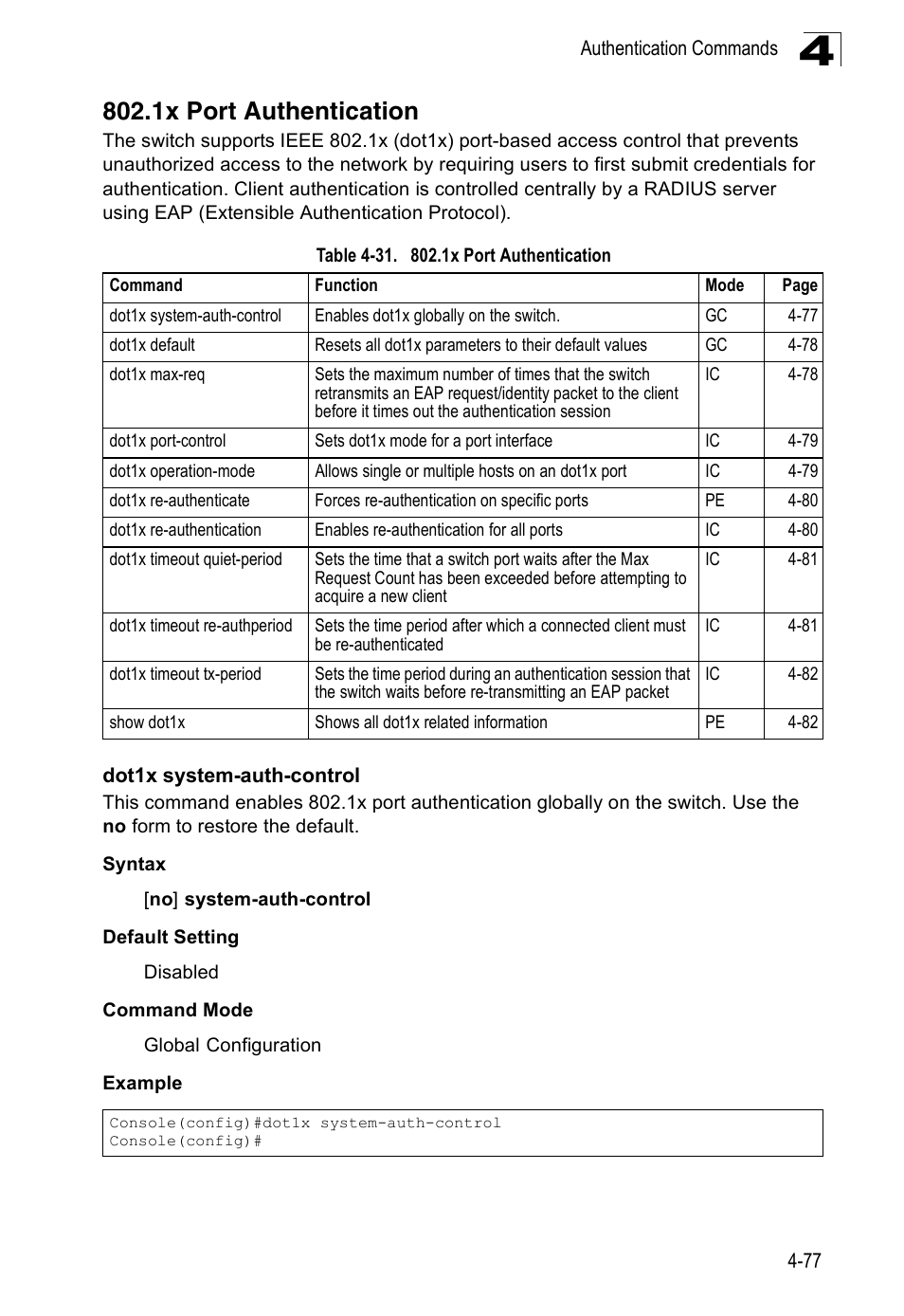 1x port authentication, Dot1x system-auth-control, Table 4-31 | SMC Networks 16 10BASE-T User Manual | Page 253 / 384