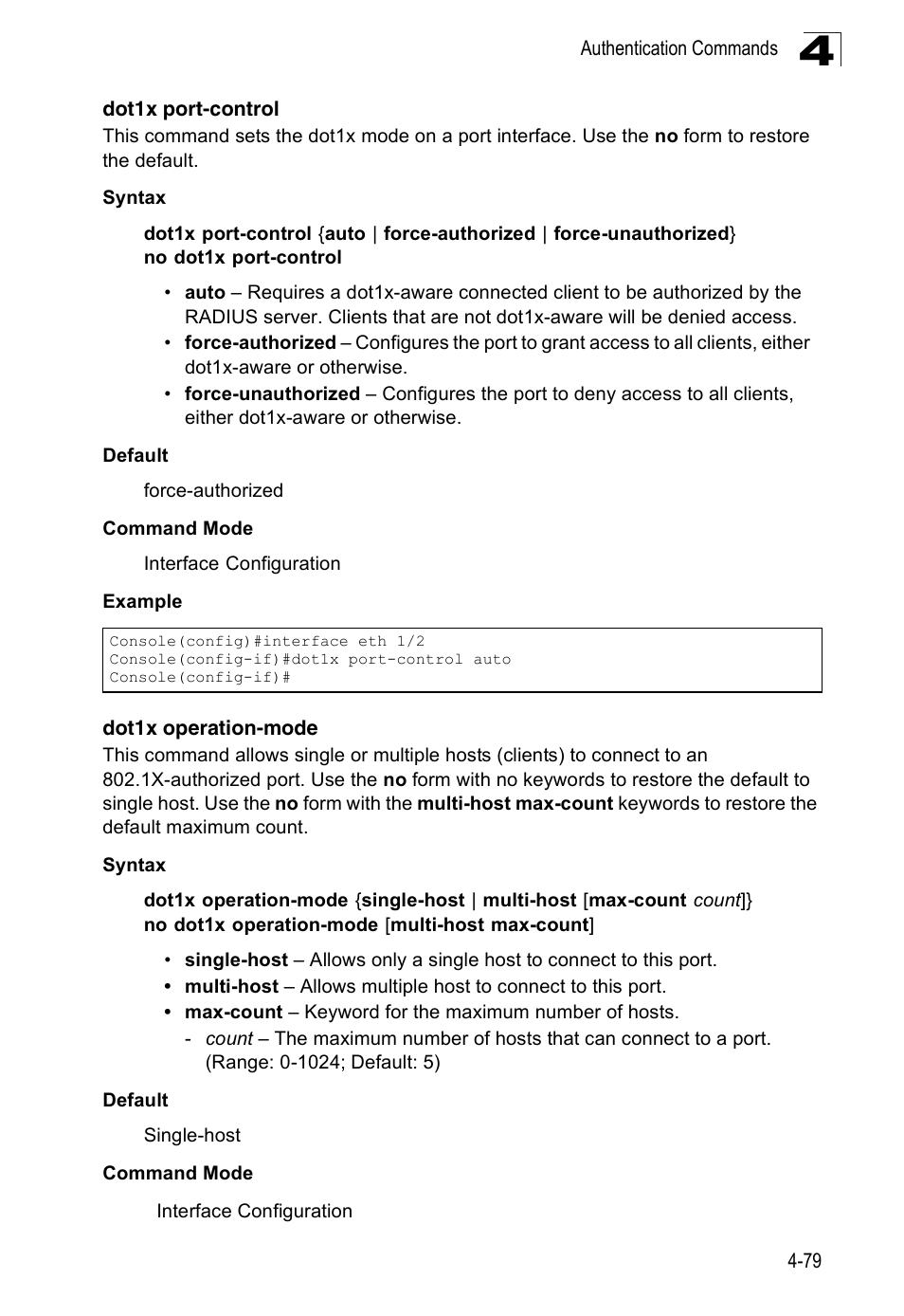 Dot1x port-control, Dot1x operation-mode | SMC Networks 16 10BASE-T User Manual | Page 255 / 384