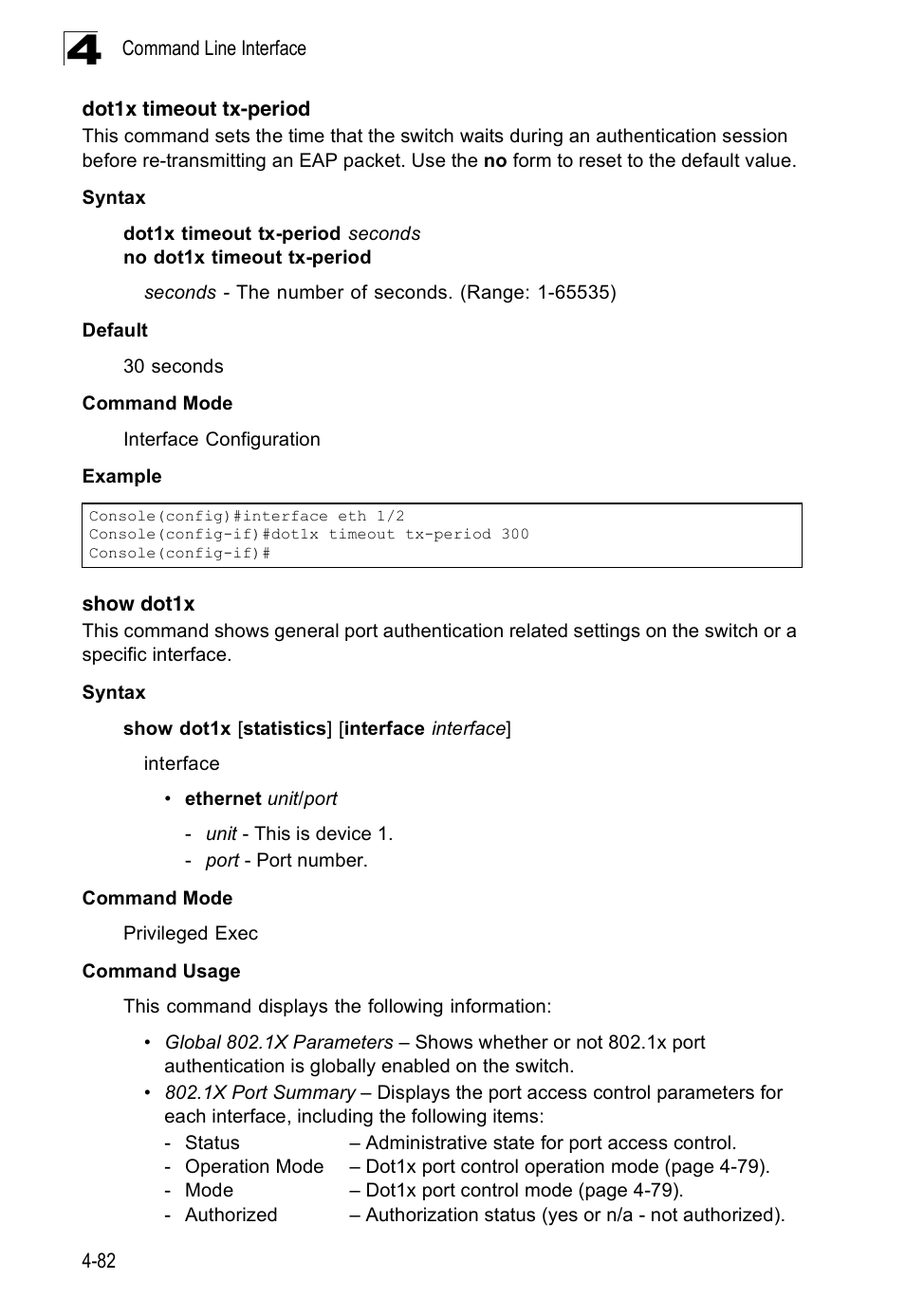 Dot1x timeout tx-period, Show dot1x | SMC Networks 16 10BASE-T User Manual | Page 258 / 384