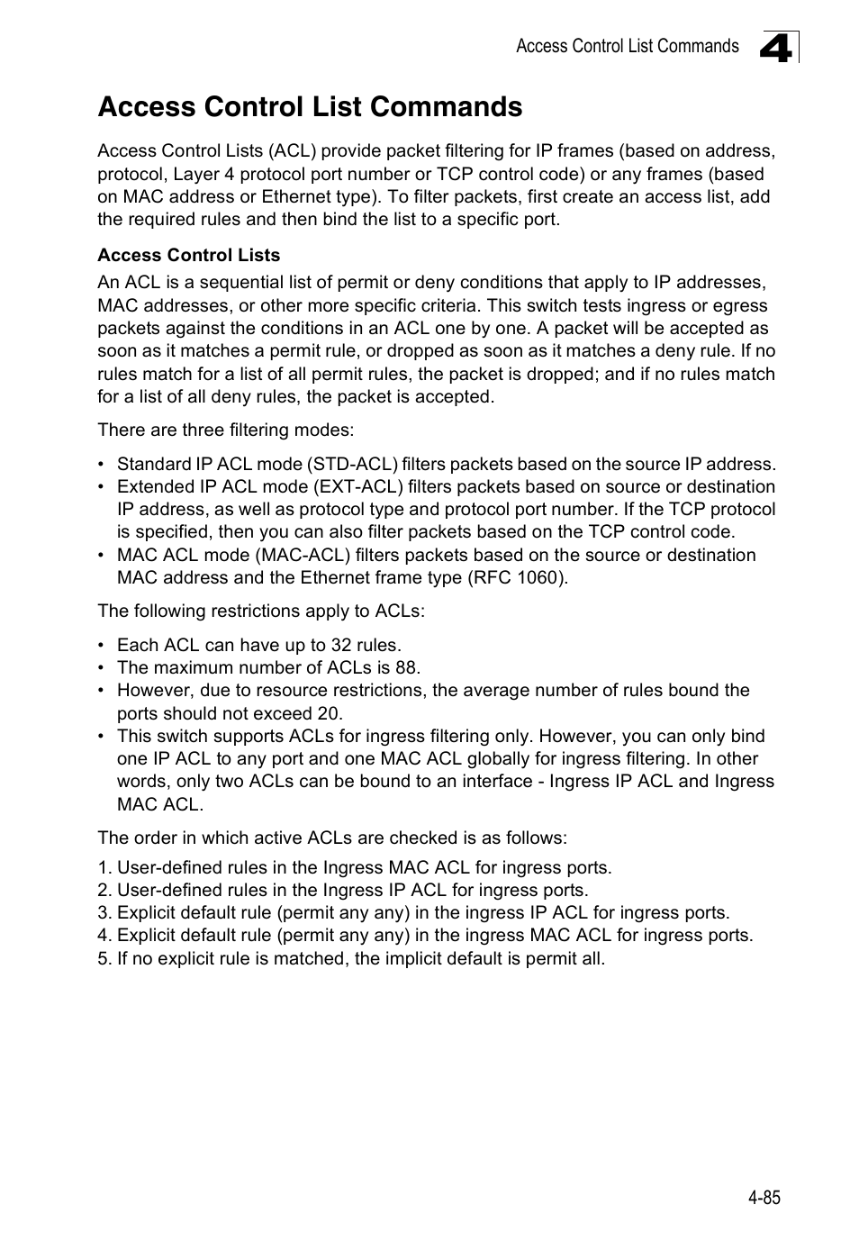 Access control list commands | SMC Networks 16 10BASE-T User Manual | Page 261 / 384