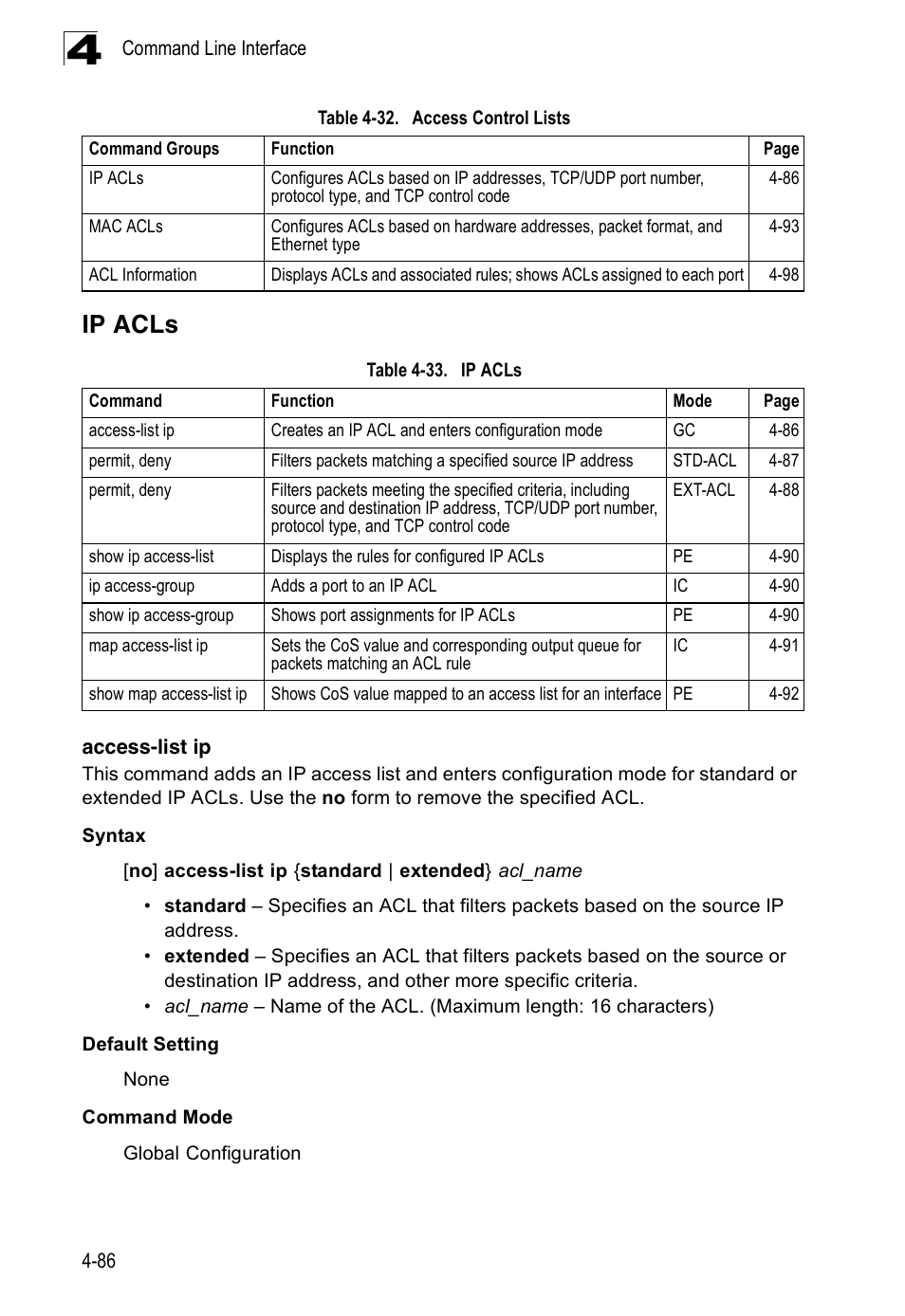 Ip acls, Access-list ip, Table 4-33 | Table 4-32, Access control lists | SMC Networks 16 10BASE-T User Manual | Page 262 / 384