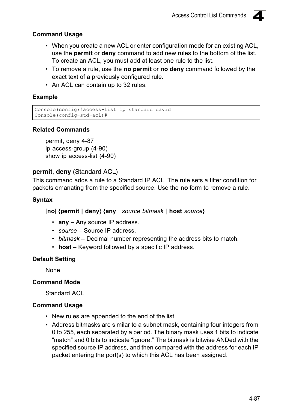 Permit, deny (standard acl) | SMC Networks 16 10BASE-T User Manual | Page 263 / 384