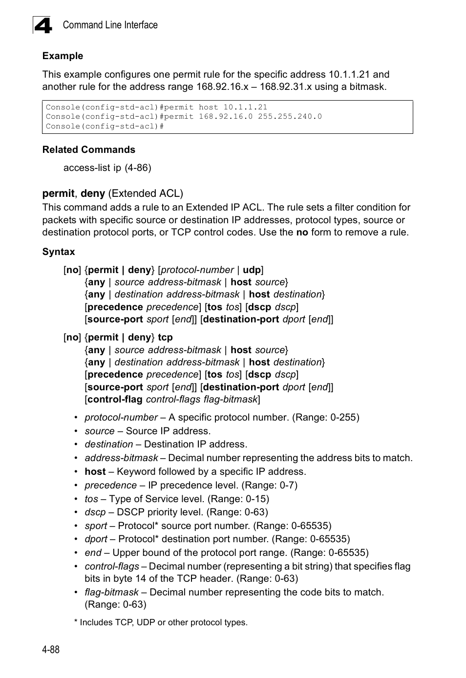 Permit, deny (extended acl) | SMC Networks 16 10BASE-T User Manual | Page 264 / 384