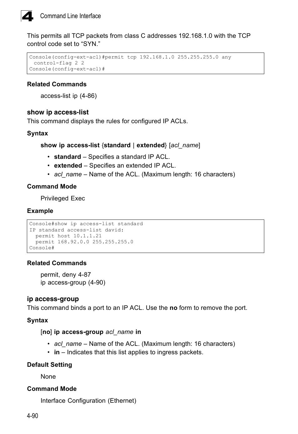 Show ip access-list, Ip access-group | SMC Networks 16 10BASE-T User Manual | Page 266 / 384