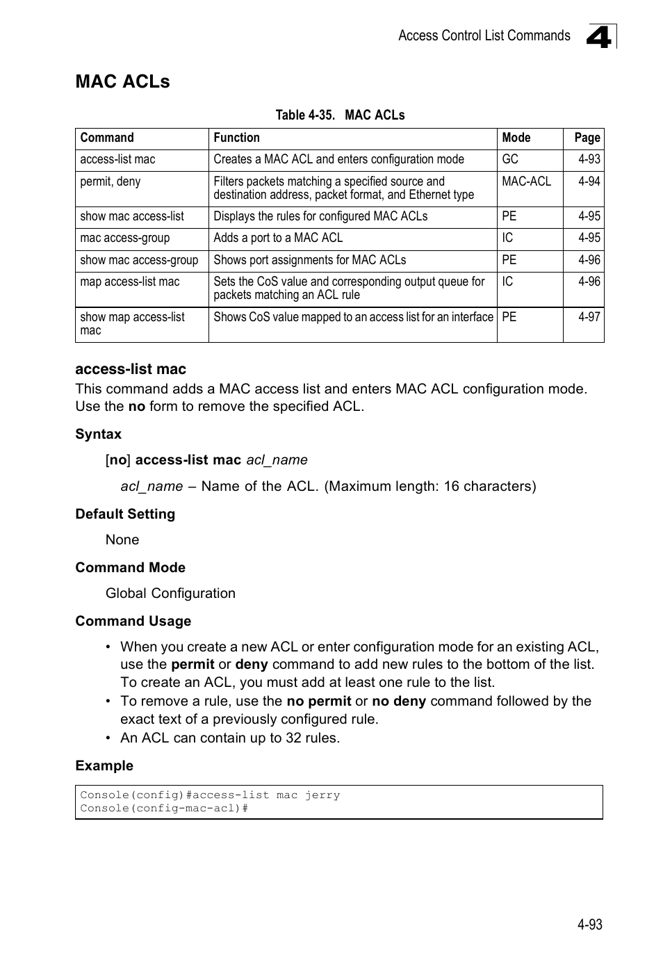 Mac acls, Access-list mac, Table 4-35 | SMC Networks 16 10BASE-T User Manual | Page 269 / 384