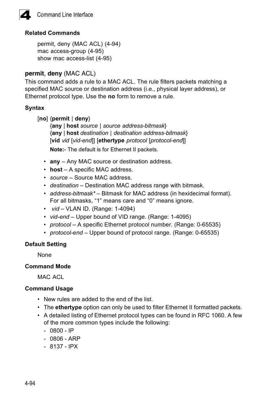 Permit, deny (mac acl) | SMC Networks 16 10BASE-T User Manual | Page 270 / 384