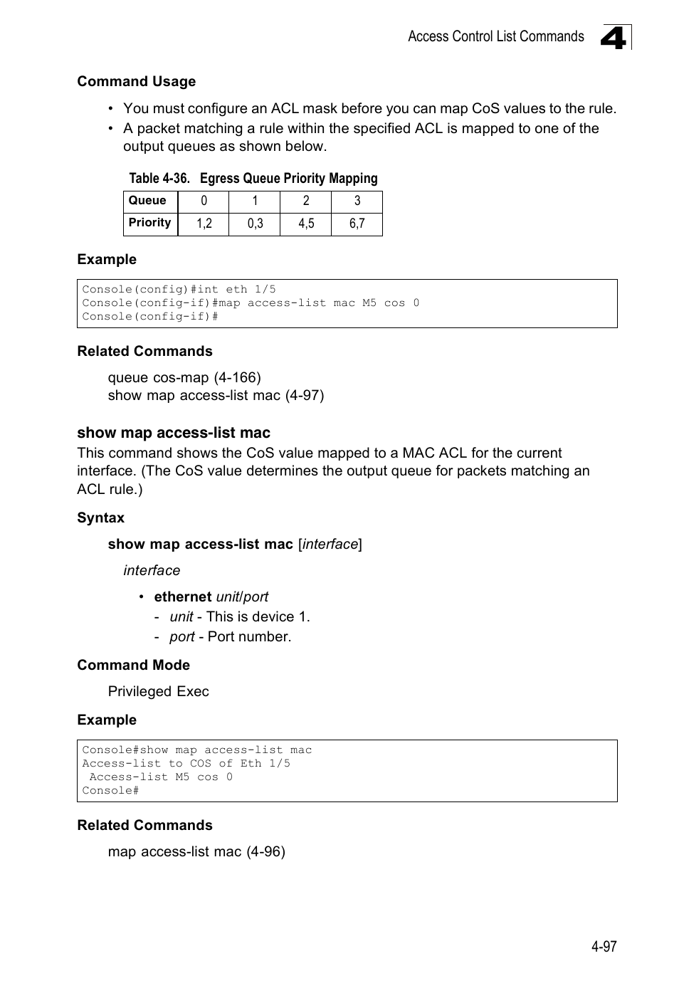 Show map access-list mac, Table 4-36, Egress queue priority mapping | SMC Networks 16 10BASE-T User Manual | Page 273 / 384