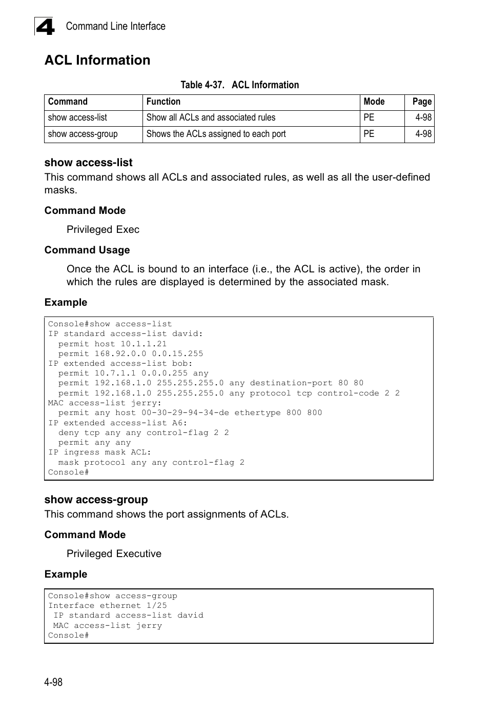 Acl information, Show access-list, Show access-group | Table 4-37 | SMC Networks 16 10BASE-T User Manual | Page 274 / 384