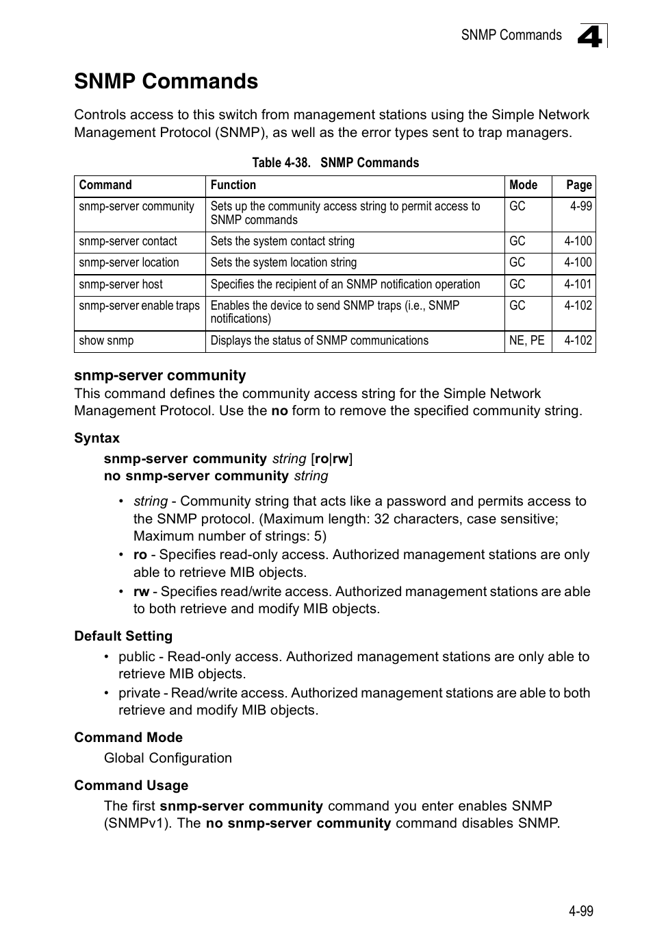 Snmp commands, Snmp-server community, Table 4-38 | SMC Networks 16 10BASE-T User Manual | Page 275 / 384