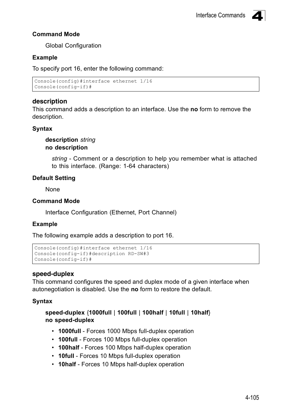 Description, Speed-duplex, Description 4-105 speed-duplex 4-105 | SMC Networks 16 10BASE-T User Manual | Page 281 / 384