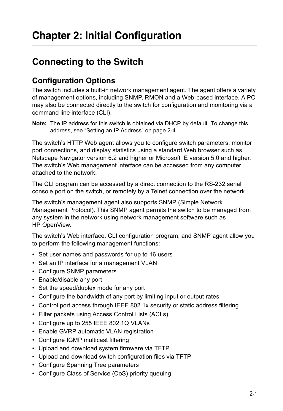 Chapter 2: initial configuration, Connecting to the switch, Configuration options | SMC Networks 16 10BASE-T User Manual | Page 29 / 384