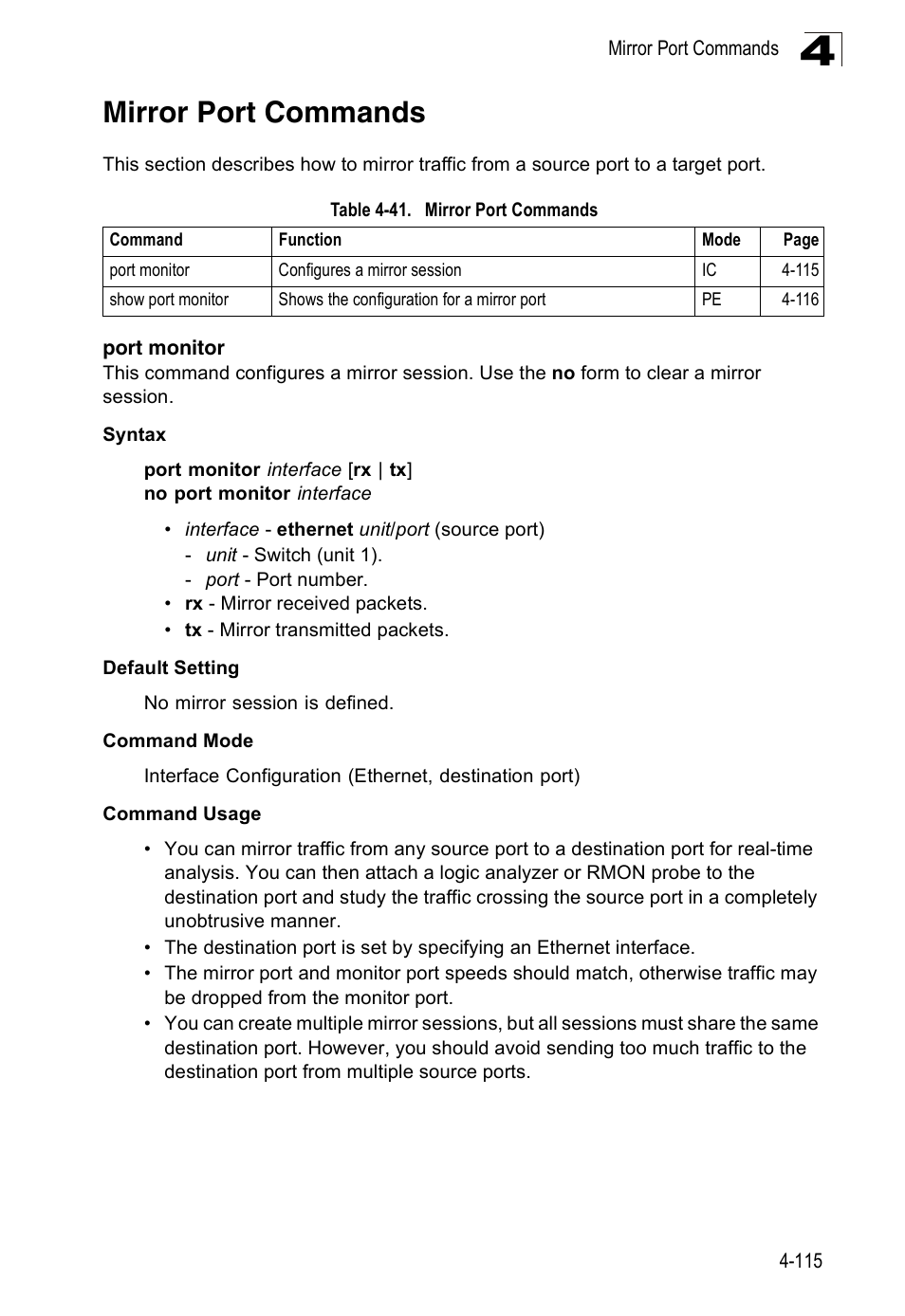 Mirror port commands, Port monitor, Table 4-41 | SMC Networks 16 10BASE-T User Manual | Page 291 / 384