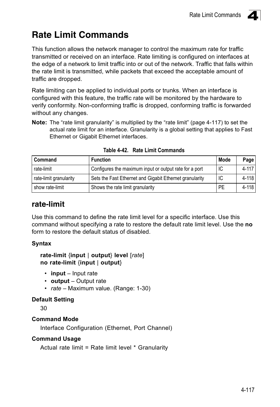 Rate limit commands, Rate-limit, Rate-limit 4-117 | Table 4-42 | SMC Networks 16 10BASE-T User Manual | Page 293 / 384