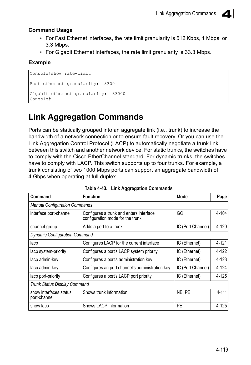 Link aggregation commands, Table 4-43 | SMC Networks 16 10BASE-T User Manual | Page 295 / 384