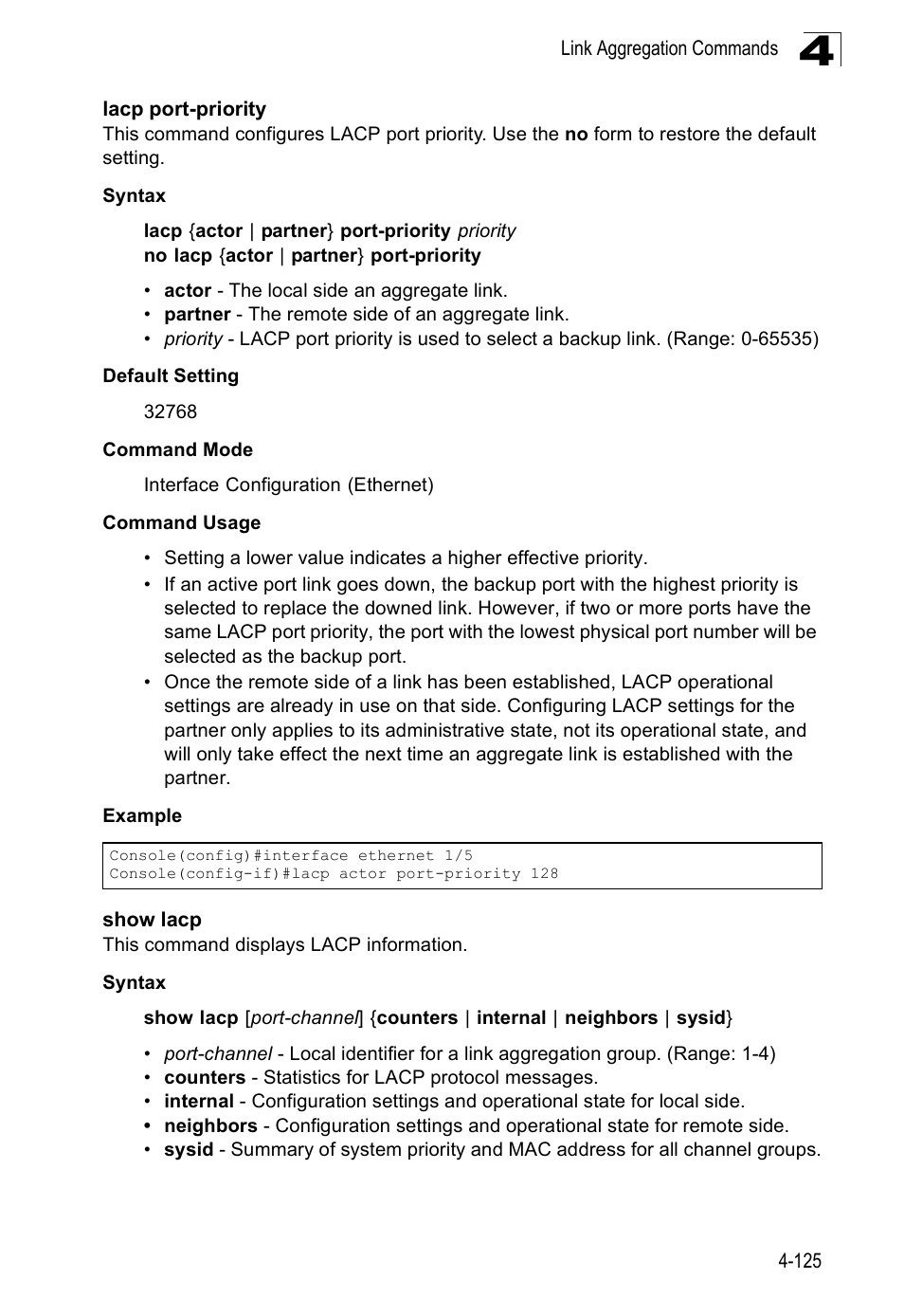 Lacp port-priority, Show lacp | SMC Networks 16 10BASE-T User Manual | Page 301 / 384