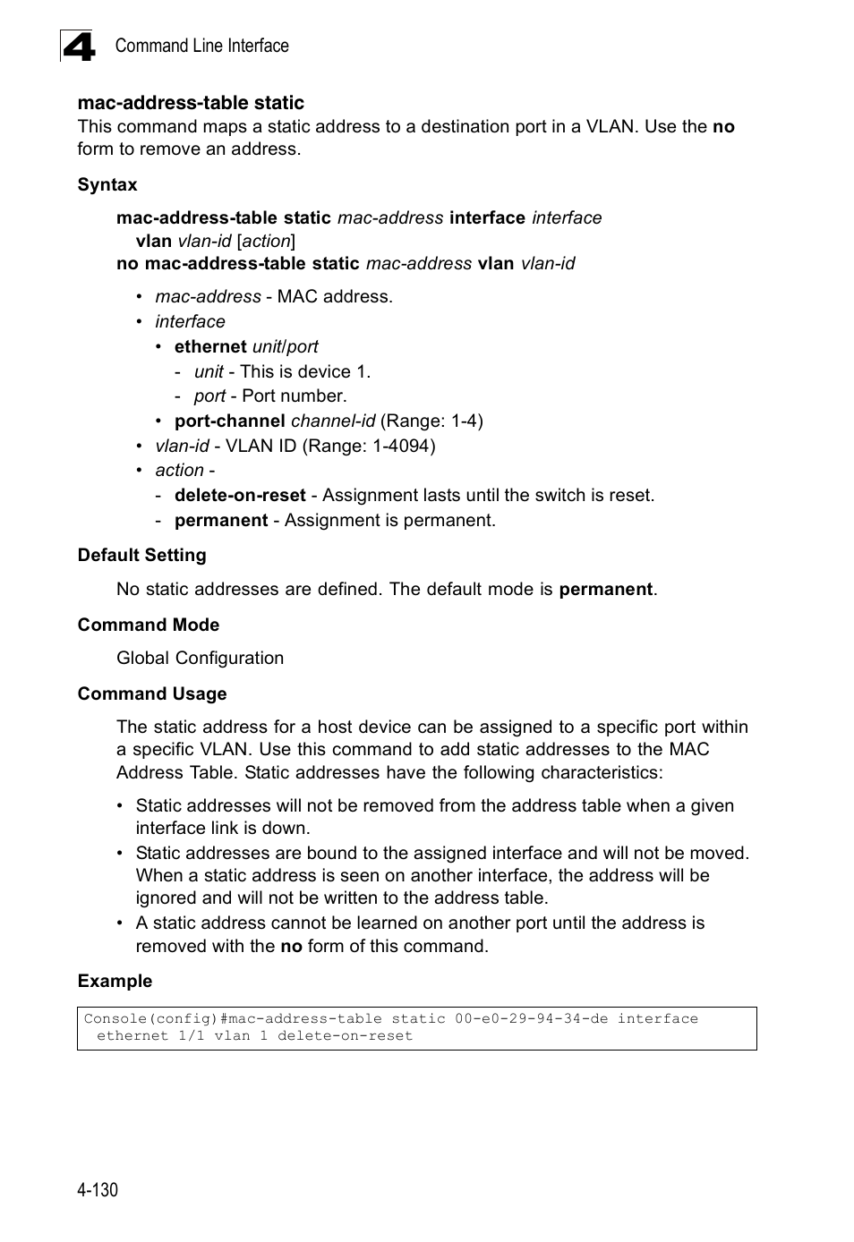 Mac-address-table static, Mac-address-table, Static | Mac-address-table static (4-130) | SMC Networks 16 10BASE-T User Manual | Page 306 / 384