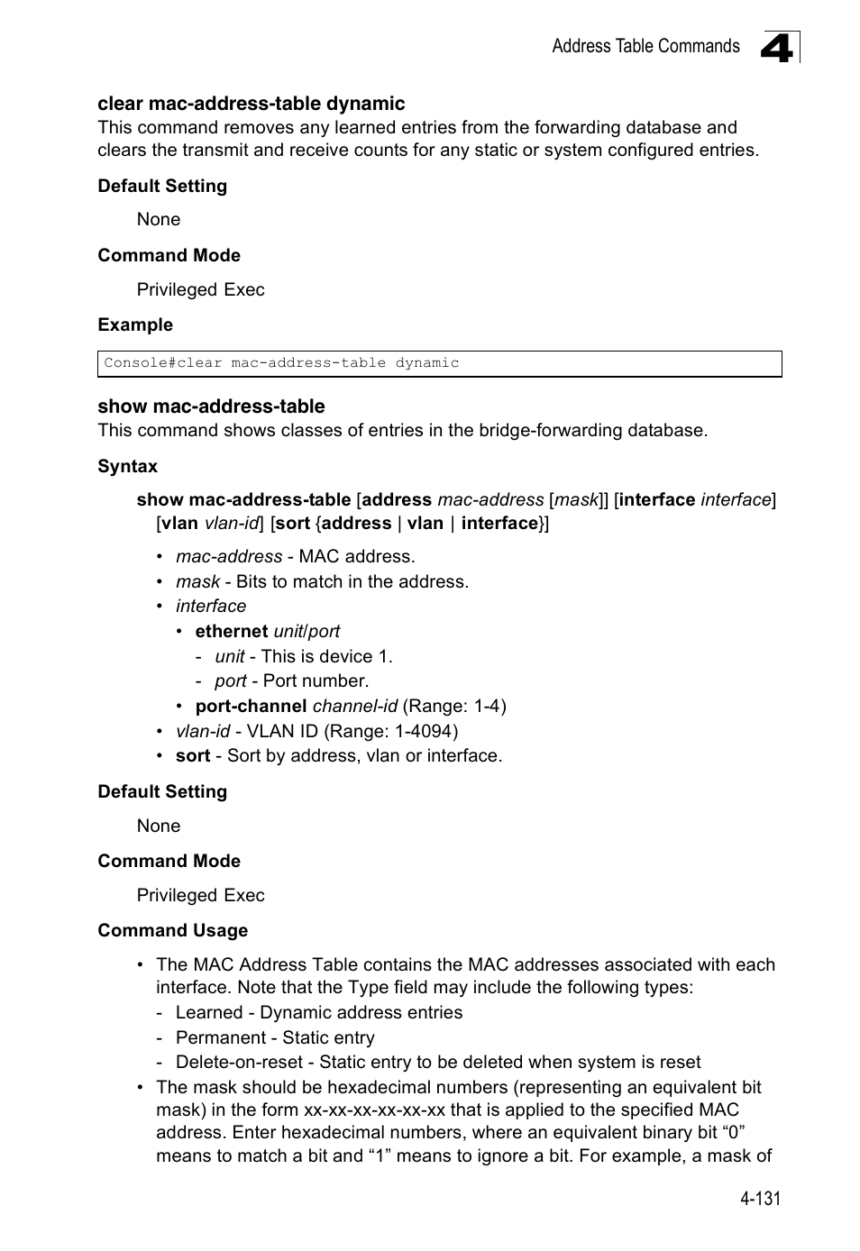 Clear mac-address-table dynamic, Show mac-address-table, Show mac-address-table (4-131) | SMC Networks 16 10BASE-T User Manual | Page 307 / 384