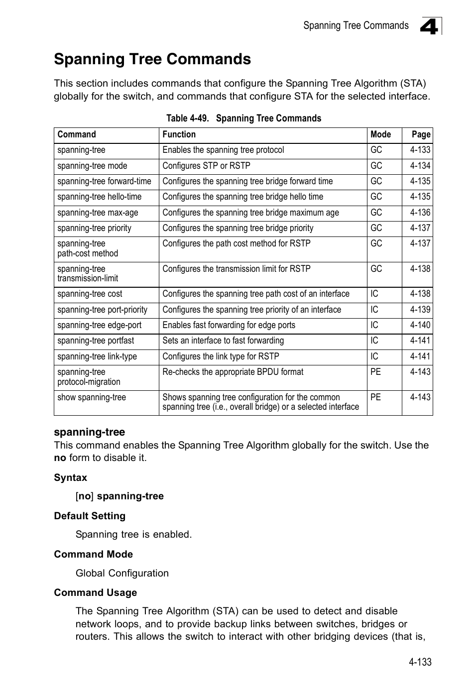 Spanning tree commands, Spanning-tree, Spanning-tree 4-133 | Table 4-49 | SMC Networks 16 10BASE-T User Manual | Page 309 / 384