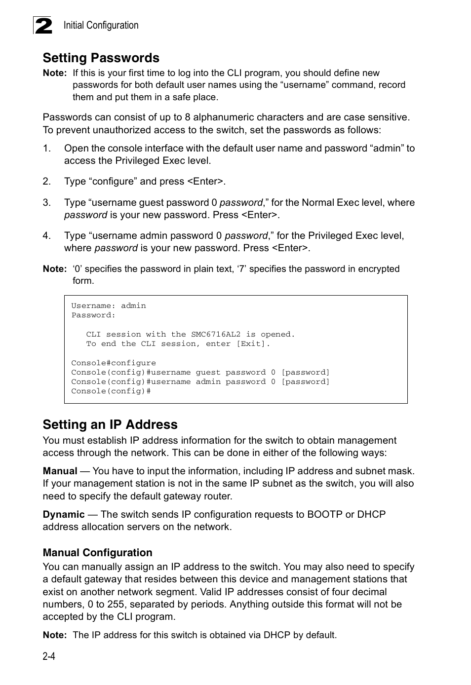 Setting passwords, Setting an ip address, Manual configuration | SMC Networks 16 10BASE-T User Manual | Page 32 / 384