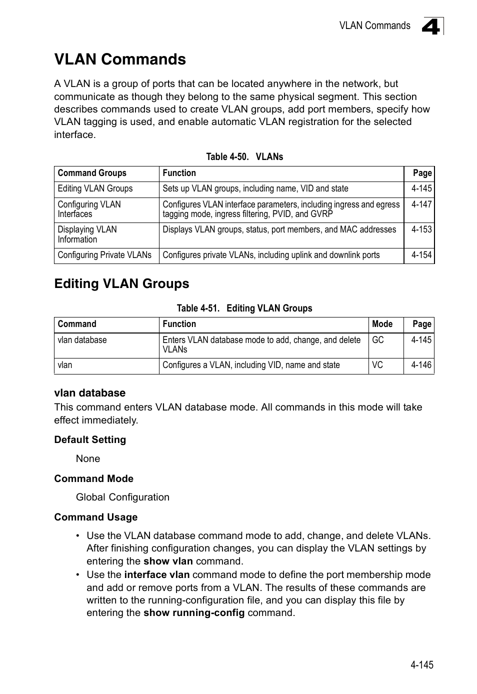 Vlan commands, Editing vlan groups, Vlan database | Table 4-50, Vlans 4-145, Table 4-51 | SMC Networks 16 10BASE-T User Manual | Page 321 / 384