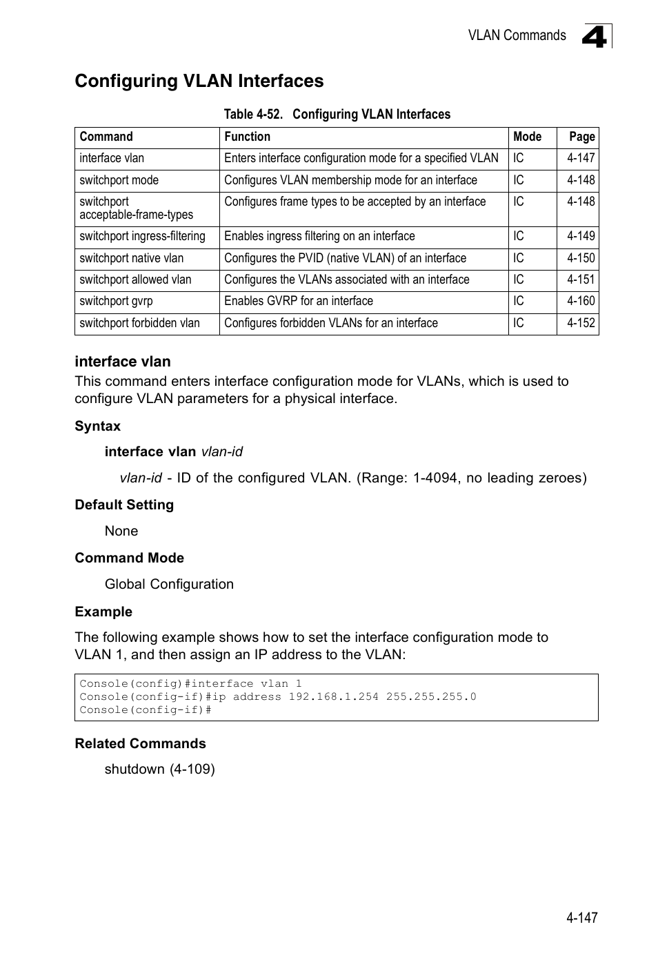 Configuring vlan interfaces, Interface vlan, Table 4-52 | SMC Networks 16 10BASE-T User Manual | Page 323 / 384