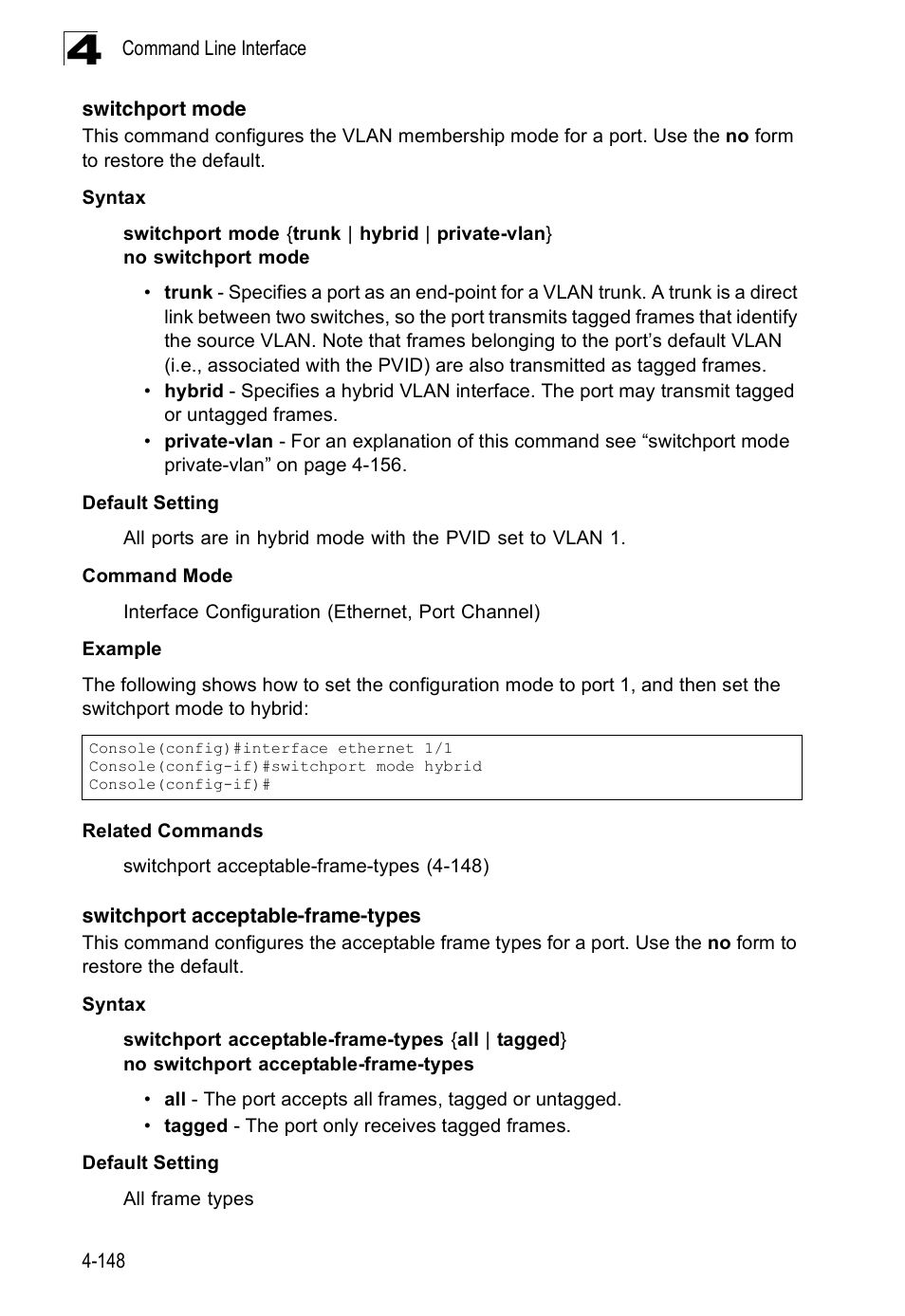 Switchport mode, Switchport acceptable-frame-types, E 4-148) | SMC Networks 16 10BASE-T User Manual | Page 324 / 384