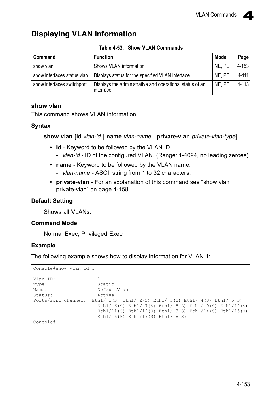 Displaying vlan information, Show vlan, Table 4-53 | Show vlan commands | SMC Networks 16 10BASE-T User Manual | Page 329 / 384