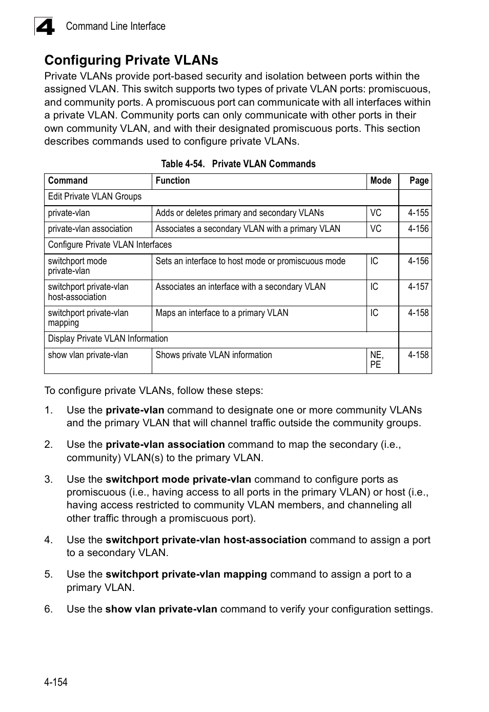 Configuring private vlans, Table 4-54, Private vlan commands | SMC Networks 16 10BASE-T User Manual | Page 330 / 384