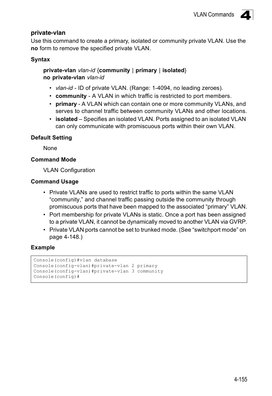 Private-vlan, Private-vlan 4-155 | SMC Networks 16 10BASE-T User Manual | Page 331 / 384