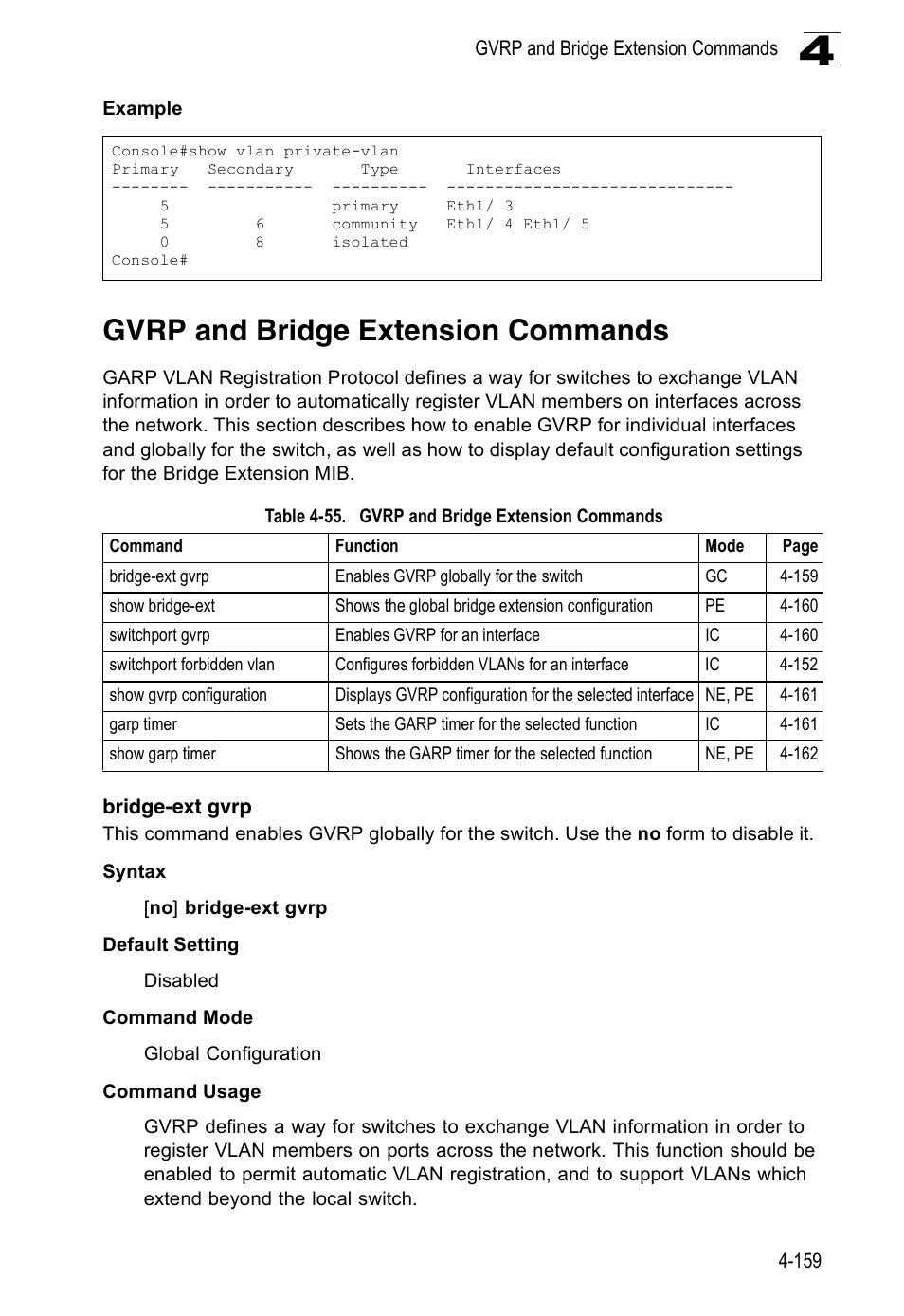 Gvrp and bridge extension commands, Bridge-ext gvrp, Table 4-55 | SMC Networks 16 10BASE-T User Manual | Page 335 / 384